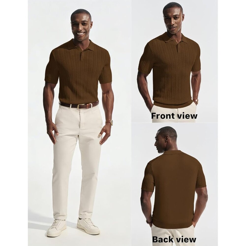 Men's Brown Short Sleeve Knit Casual Lightweight Textured Polo Stretch Shirts - Picture 4 of 6